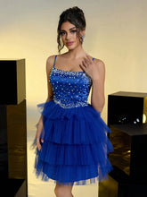 Elegant Luxury Sapphire Blue Satin Contrast Mesh Tulle Beaded Ruffle Maxi Dress, Suitable For Weddings, Single Party, Vacation, Banquets